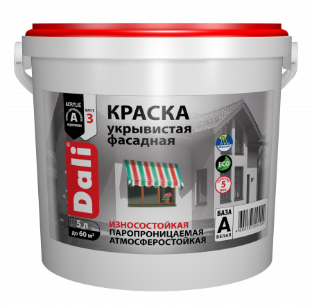 Краска акриловая фасадная DALI износостойкая 5 л купить в магазине стройматериалов Евсей Павловский Посад с доставкой по Московской области, в города Павловский Посад, Электросталь, Дрезна, Ликино-Дулево, Орехово-Зуево, Краска акриловая фасадная DALI износостойкая 5 л каталог стройматериалов евсейстрой, заказ Краска акриловая фасадная DALI износостойкая 5 л на сайте с доставкой 