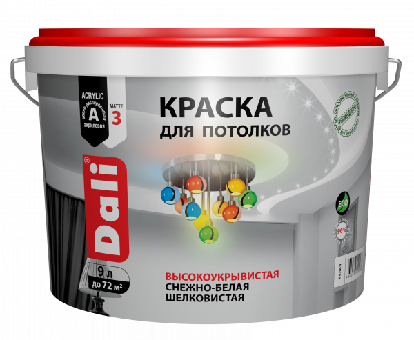 Краска акриловая для потолков DALI Снежно-белый цвет 9 л купить в магазине стройматериалов Евсей Павловский Посад с доставкой по Московской области, в города Павловский Посад, Электросталь, Дрезна, Ликино-Дулево, Орехово-Зуево, Краска акриловая для потолков DALI Снежно-белый цвет 9 л каталог стройматериалов евсейстрой, заказ Краска акриловая для потолков DALI Снежно-белый цвет 9 л на сайте с доставкой 
