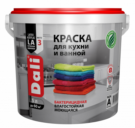 Краска акриловая латексная DALI для кухни и ванной 5 л купить в магазине стройматериалов Евсей Павловский Посад с доставкой по Московской области, в города Павловский Посад, Электросталь, Дрезна, Ликино-Дулево, Орехово-Зуево, Краска акриловая латексная DALI для кухни и ванной 5 л каталог стройматериалов евсейстрой, заказ Краска акриловая латексная DALI для кухни и ванной 5 л на сайте с доставкой 