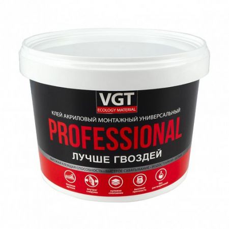 Клей акриловый монтажный универсальный VGT Professional, 3 кг, белый купить в магазине стройматериалов Евсей Павловский Посад с доставкой по Московской области, в города Павловский Посад, Электросталь, Дрезна, Ликино-Дулево, Орехово-Зуево, Клей акриловый монтажный универсальный VGT Professional, 3 кг, белый каталог стройматериалов евсейстрой, заказ Клей акриловый монтажный универсальный VGT Professional, 3 кг, белый на сайте с доставкой 