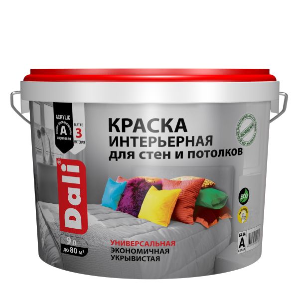 Краска интерьерная акриловая DALI для стен и потолков 9 л купить в магазине стройматериалов Евсей Павловский Посад с доставкой по Московской области, в города Павловский Посад, Электросталь, Дрезна, Ликино-Дулево, Орехово-Зуево, Краска интерьерная акриловая DALI для стен и потолков 9 л каталог стройматериалов евсейстрой, заказ Краска интерьерная акриловая DALI для стен и потолков 9 л на сайте с доставкой 