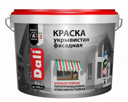Краска акриловая фасадная DALI износостойкая 9 л купить в магазине стройматериалов Евсей Павловский Посад с доставкой по Московской области, в города Павловский Посад, Электросталь, Дрезна, Ликино-Дулево, Орехово-Зуево, Краска акриловая фасадная DALI износостойкая 9 л каталог стройматериалов евсейстрой, заказ Краска акриловая фасадная DALI износостойкая 9 л на сайте с доставкой 