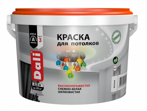 Краска акриловая для потолков DALI Снежно-белый цвет 2,5 л купить в магазине стройматериалов Евсей Павловский Посад с доставкой по Московской области, в города Павловский Посад, Электросталь, Дрезна, Ликино-Дулево, Орехово-Зуево, Краска акриловая для потолков DALI Снежно-белый цвет 2,5 л каталог стройматериалов евсейстрой, заказ Краска акриловая для потолков DALI Снежно-белый цвет 2,5 л на сайте с доставкой 